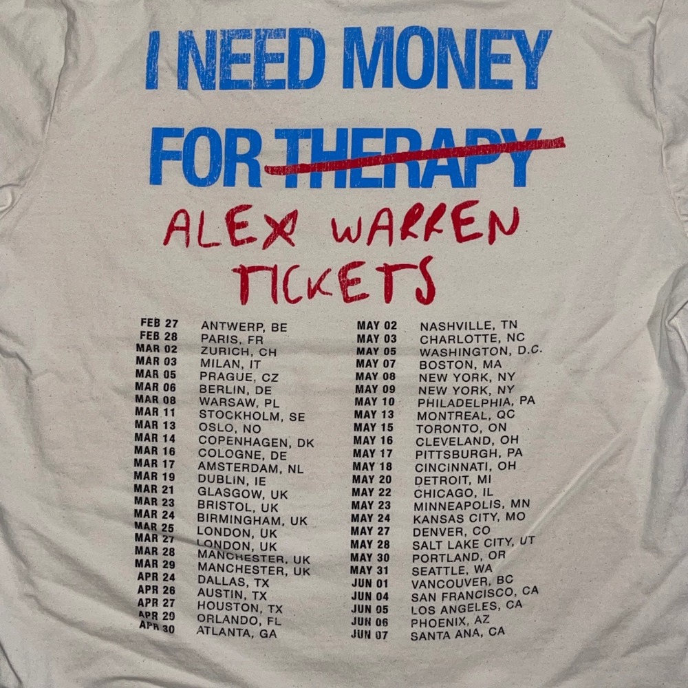 Alex Warren Cheaper Than Therapy Tour T-Shirt Mens Medium Cream Concert Graphic - Picture 8 of 8